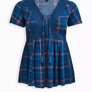 Size 0 Torrid Blue/Pink Plaid Short Sleeve Draw String Flowy Blouse